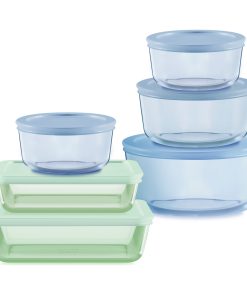 Pyrex® Simply Store® Tinted 12-piece Storage Set with Plastic Lids. Green and Blue